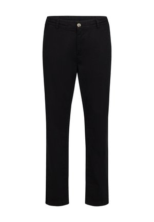 Schwarze Hose mit geradem Bein, aus einem glatten Stoff gefertigt, mit einem Knopfverschluss und einem elastischen Bund für zusätzlichen Komfort.