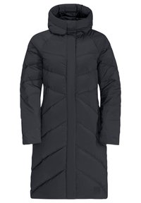 Long black puffer coat with a high collar, quilted design, and a straight cut. Features chevron patterns and side pockets.
