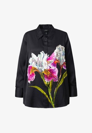 Černá košile na knoflíky s velkým barevným květinovým vzorem s bílými a růžovými orchidejemi na přední straně. Hladká, lesklá látka s dlouhými rukávy.