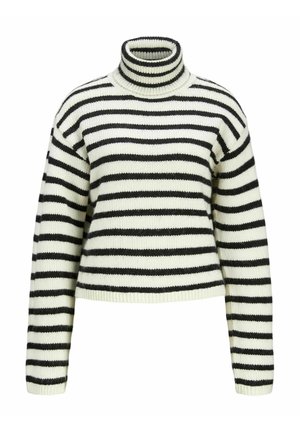 Stripet turtleneck sweater med sorte og elfenbensfarvede vandrette striber, lavet af struktureret strikmateriale, med en cropped design og lange ærmer.