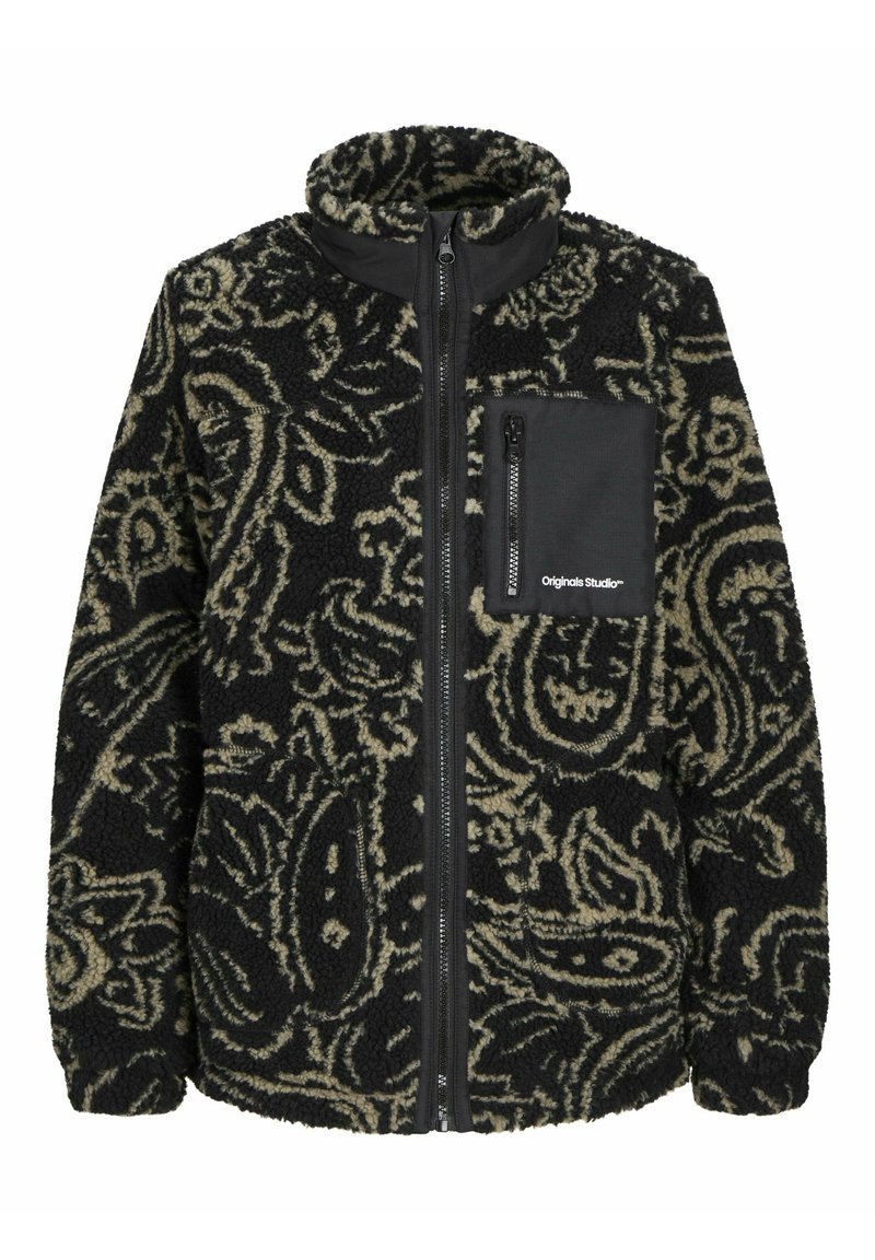 Černá fleecová bunda s abstraktním béžovým paisley vzorem, plný zip, měkká textura a kapsa na hrudi se zipovým uzávěrem.