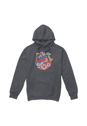 Dunkelgrauer Kapuzenpullover mit Fronttasche und Grafik eines Cartoon-Roadrunners, der ein rotes Stoppschild mit "Don't Stop" Text überquert.