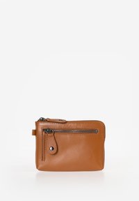 Brown leather wallet with a zippered closure, front zip pocket, and smooth texture. Compact rectangular shape with contrasting stitching.
