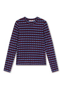 Langsleeve top in kastanjebruin en lichtblauw geruit patroon, ronde halslijn, zachte stof, aansluitend model en rechte zoom.