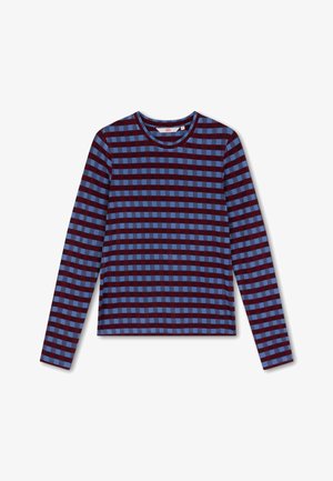 Langsleeve top in kastanjebruin en lichtblauw geruit patroon, ronde halslijn, zachte stof, aansluitend model en rechte zoom.