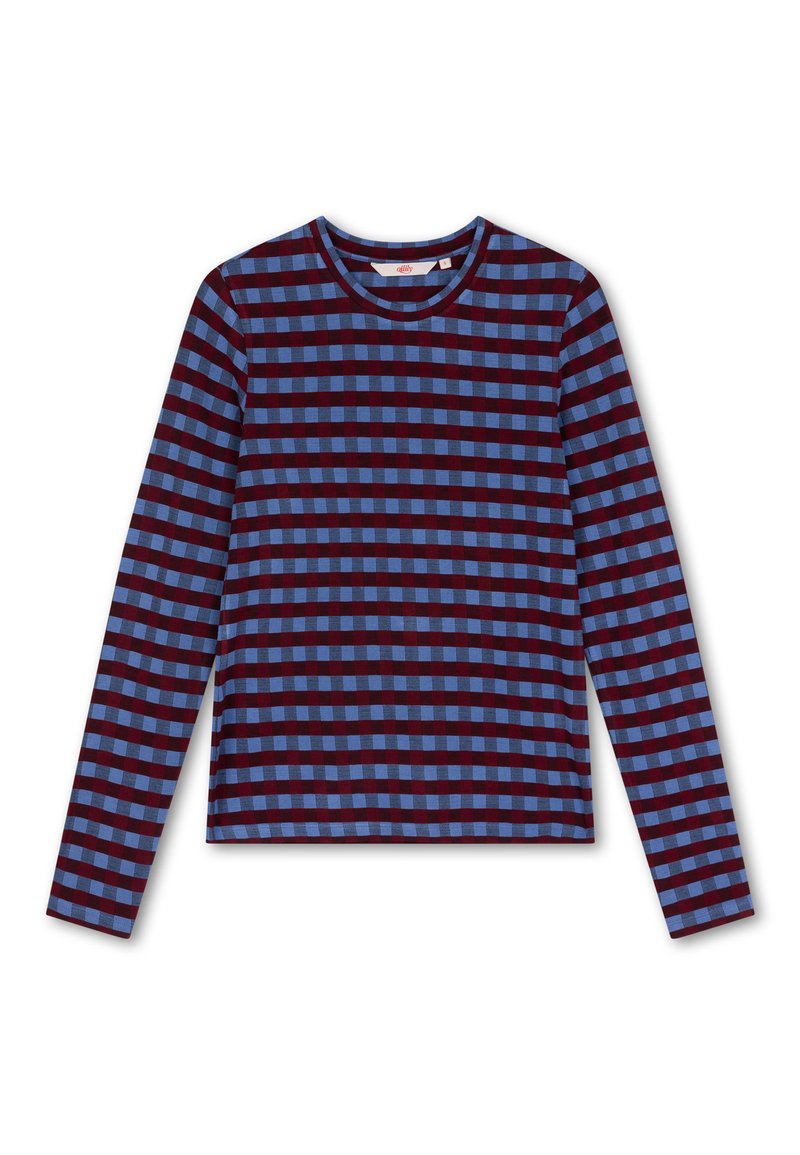 Langsleeve top in kastanjebruin en lichtblauw geruit patroon, ronde halslijn, zachte stof, aansluitend model en rechte zoom.