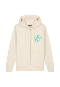 Felpa con zip color crema in tessuto morbido. Presenta una grafica colorata di uno squalo sul lato sinistro del petto, due tasche frontali e cappuccio con cordino.