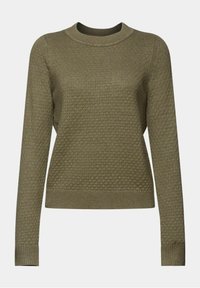 Pull en tricot texturé vert olive avec manches longues, col rond, poignets et ourlet côtelés.