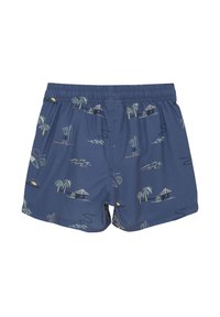 Herrarnas badshorts i marinblått tyg med tropiska mönster, inklusive palmträd, surfbrädor och hyddor. Elastic midja design.