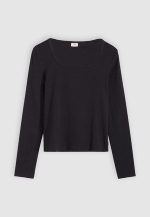 Top nero a maniche lunghe con scollo quadrato, realizzato in un tessuto liscio. Presenta un design aderente e una lunghezza corta. Stile semplice e minimalista.