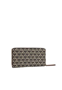 Portafoglio con un motivo geometrico in beige e grigio scuro, con chiusura a zip e un accento in pelle marrone sul lato per una facile maneggevolezza.