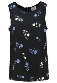 Blusa nera senza maniche con scollo rotondo, caratterizzata da stampati floreali bianchi e blu sparsi e una chiusura con zipper sul retro.