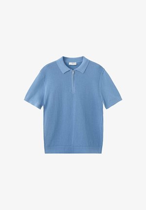 Light blue short-sleeve knit polo shirt with textured front panel and half-zip collar on a white background.