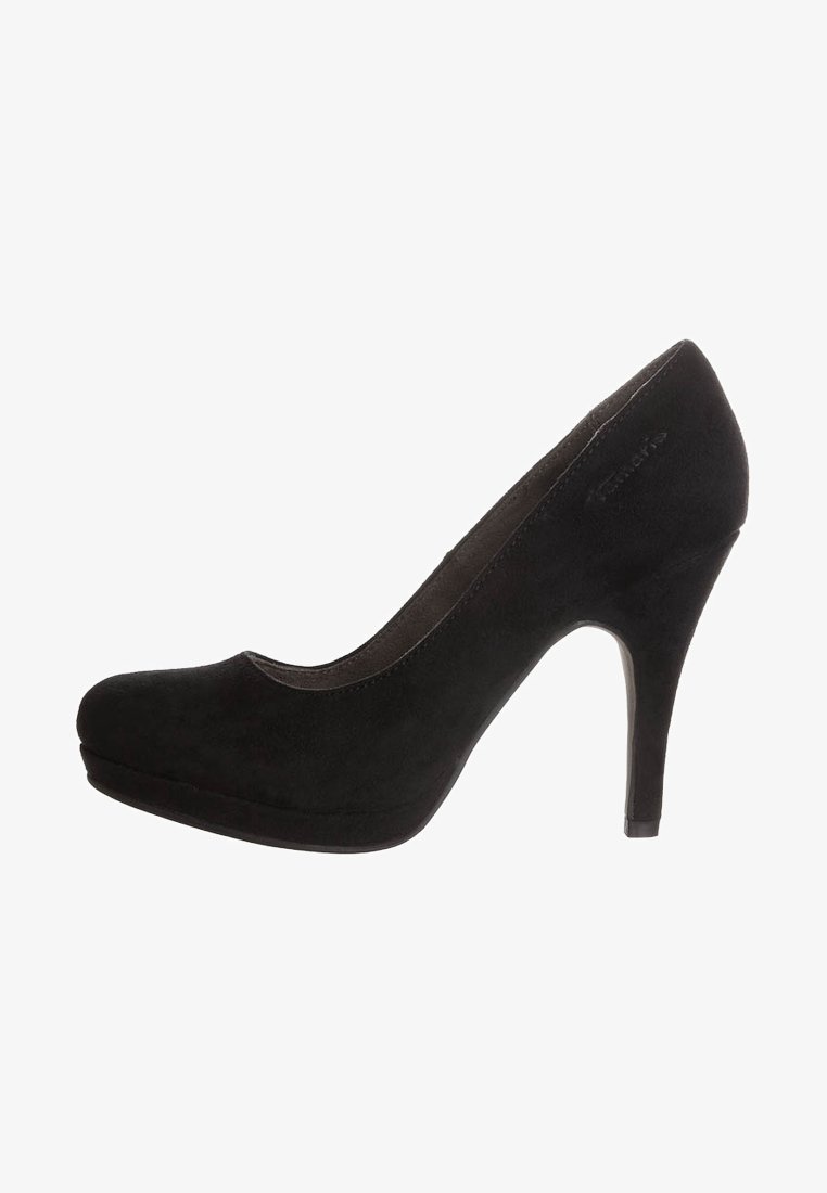 Escarpin noir en cuir suédé à talons hauts, avec un bout arrondi, une plateforme et un talon aiguille élégant. Texture lisse avec un minimum de détails.