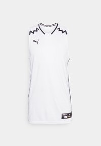 Ärmelloses weißes Sporttrikot mit schwarzen Zickzack-Akzenten und Logo. Hergestellt aus atmungsaktivem Stoff, mit einem V-Ausschnitt und sportlichem Schnitt.