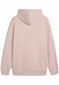 Lys pink hoodie med en afslappet pasform, glat tekstur, ribbede manchetter og kant, og med en stor, dobbeltsyet hætte.