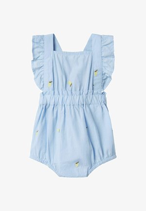 Lichtblauwe katoenen romper met rimpelbandjes, elastische tailleband en geborduurde bladdetails in geel en bruin. Zachte textuur, casual ontwerp.