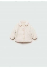 Krämfärgad, fluffig jacka med rund krage, långa ärmar och fem knappstängningar, med ett mjukt, strukturerat tyg.