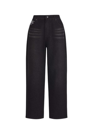 High-waist black wide-leg jeans with subtle whisker fades and a small white graphic near front right pocket, button and zip closure.