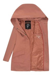 Manteau à capuche rose avec grande poche avant, étiquette visible à l'intérieur présentant un motif de parapluie, et "MARIKOO" brodé sur la capuche.