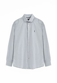 Camicia a quadri blu chiaro con maniche lunghe, colletto button-down e piccolo logo ricamato sul petto. Tessuto testurizzato e traspirante.