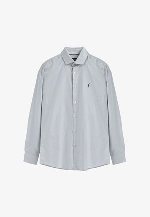 Chemise à carreaux bleu clair avec des manches longues, col boutonné et petit logo brodé sur la poitrine. Tissu texturé et respirant.