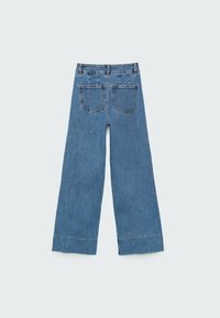 Brede blauwe jeans van denim, met een hoge taille, twee achterzakken en een onafgewerkte zoom aan de onderkant.