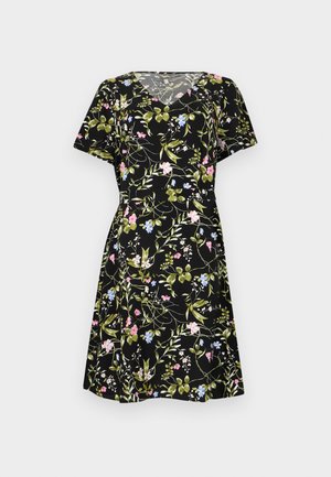 Sort kortærmet kjole med V-udskæring, dekoreret med grønne blade og små blomster i rosa, blå og hvid.