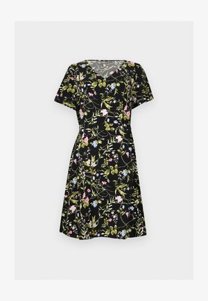 Sort kortærmet kjole med V-udskæring, dekoreret med grønne blade og små blomster i rosa, blå og hvid.
