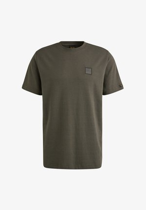 Camiseta de manga corta verde oliva con un acabado texturizado, escote redondo y una pequeña etiqueta de tela en el pecho.