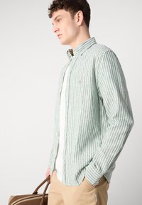 Camicia a righe verdi e bianche con bottoni, realizzata in un tessuto leggero, con taschino sul petto e colletto casual. Indossata sopra una camicia bianca.