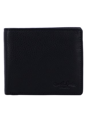 Melnas teksturētas ādas maku ar izšūtām malām un iegravētu zīmolu "Gusti Leder studio" apakšējā labajā stūrī.