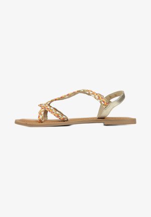 Plateau sandals met een gevlochten band in multicolore draden, met een metallic zilveren enkelband en een lichtbruine zool.