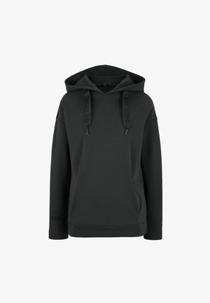 Sweatshirt à capuche noir en tissu doux, doté d'une poche kangourou, de cordons plats et d'un logo sur la manche. Coupe standard.