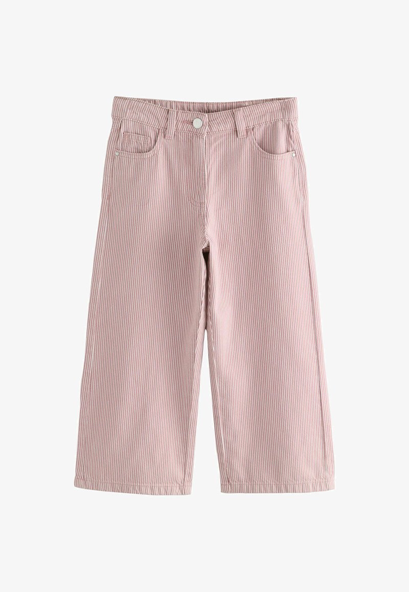 Pantalon large rayé verticalement rose et blanc, avec bouton à l'avant, passants de ceinture et poches.