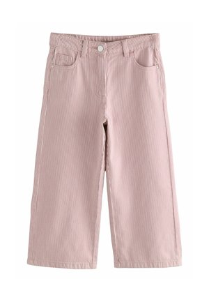 Pantalones culottes a rayas en rosa claro y blanco, hechos de algodón. Presentan un cierre de botón, cinco bolsillos y un diseño de pierna ancha y recortada.