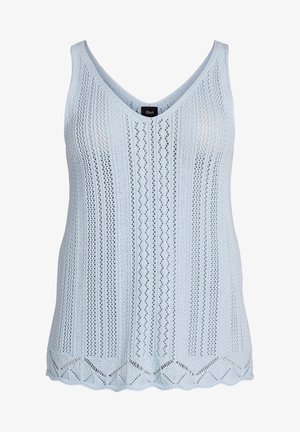 Lyseblå strikket ærmeløs top med V-hals og dekorative lodrette blonde mønstre samt bølget kant.