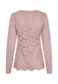 Langærmet top i blød lyserød blonde, med et blomsteragtigt mønster og bølget kant. Glat tekstur med rund halsudskæring.