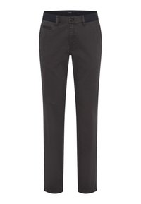 Pantaloni grigio scuro realizzati in tessuto leggero, dotati di chiusura con bottone, tasche standard e design frontale piatto con una texture liscia.