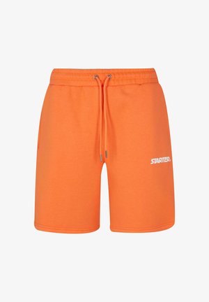 Orange cotton shorts with an elastic waistband and drawstring. Features side pockets and a white "STARTER." logo on the front.