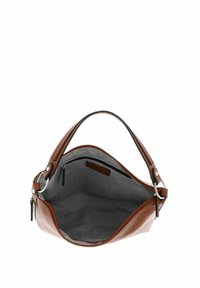 Sac en cuir marron avec un design courbé, doté d'un intérieur en motif chevron noir et blanc, d'une petite poche zippée et d'une anse supérieure.