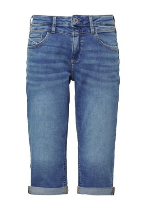 Jean capri en denim bleu avec une coupe ajustée, ourlets roulés, poches avant et fermeture à bouton. Présente un l�éger aspect usé et une texture lisse.