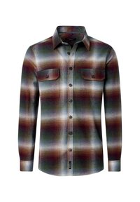 Langarm-Flanellhemd mit einem karierten Muster in Erdtönen von Grün, Braun und Creme, ausgestattet mit zwei vorderen Taschen und Knopfverschluss.