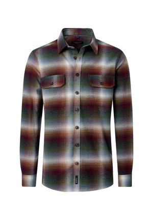 Langarm-Flanellhemd mit einem karierten Muster in Erdtönen von Grün, Braun und Creme, ausgestattet mit zwei vorderen Taschen und Knopfverschluss.