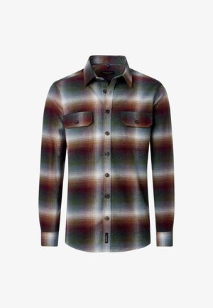Langarm-Flanellhemd mit einem karierten Muster in Erdtönen von Grün, Braun und Creme, ausgestattet mit zwei vorderen Taschen und Knopfverschluss.