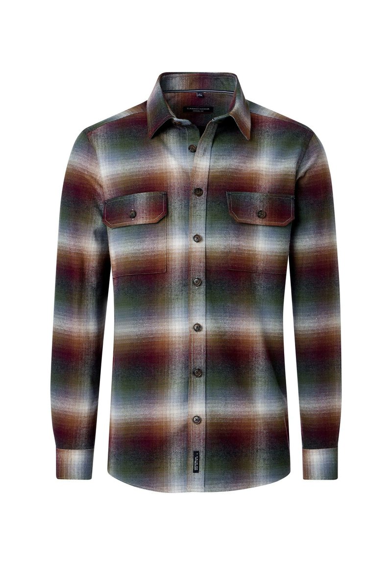 Langarm-Flanellhemd mit einem karierten Muster in Erdtönen von Grün, Braun und Creme, ausgestattet mit zwei vorderen Taschen und Knopfverschluss.