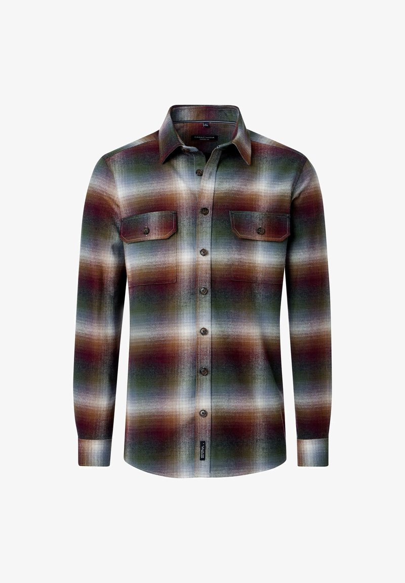 Langarm-Flanellhemd mit einem karierten Muster in Erdtönen von Grün, Braun und Creme, ausgestattet mit zwei vorderen Taschen und Knopfverschluss.
