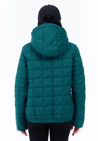 Persoon in een teal gekwilt jack met capuchon en zwarte pet, staand met de rug naar de camera tegen een witte achtergrond.