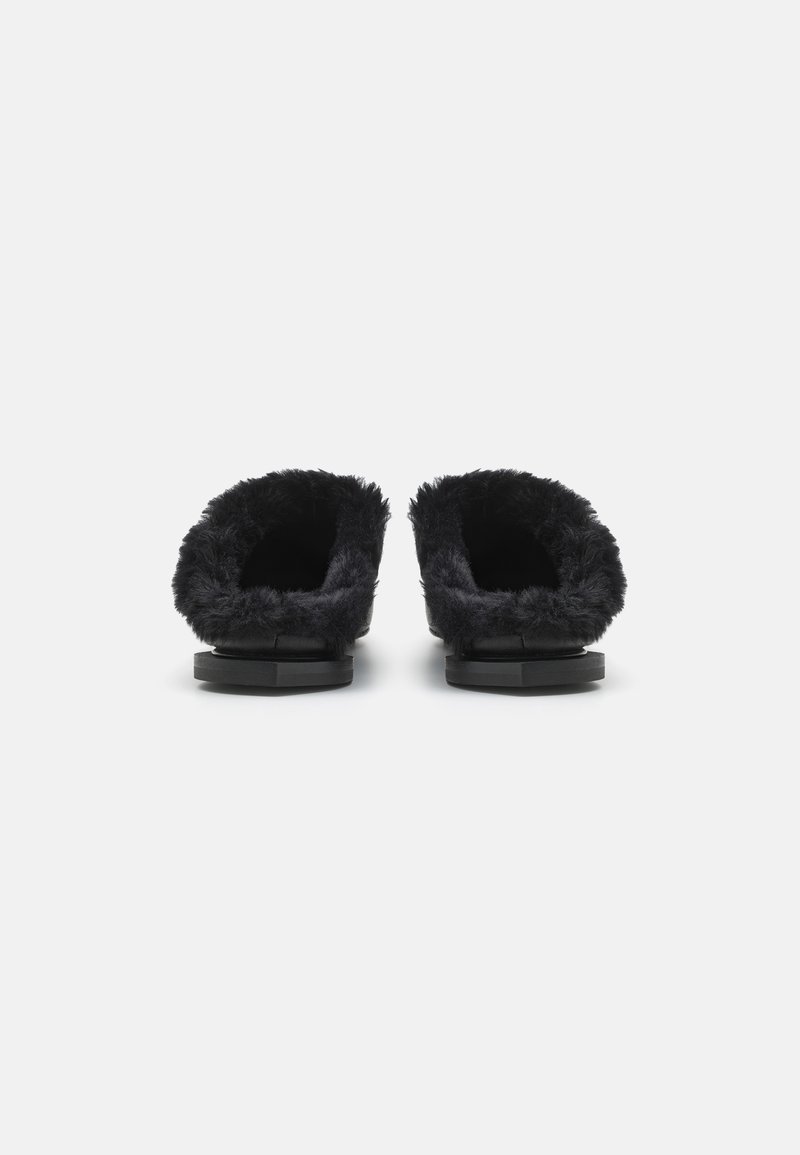 Black slip-on slippers with a plush faux fur lining and textured black sole, showing a rounded, open-back design.