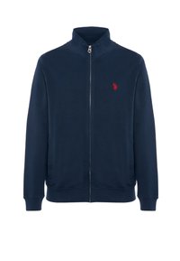 Felpa con zip di colore blu navy, con alto colletto, tasche laterali e logo ricamato rosso. Realizzata in morbido tessuto con polsini e orlo a coste.